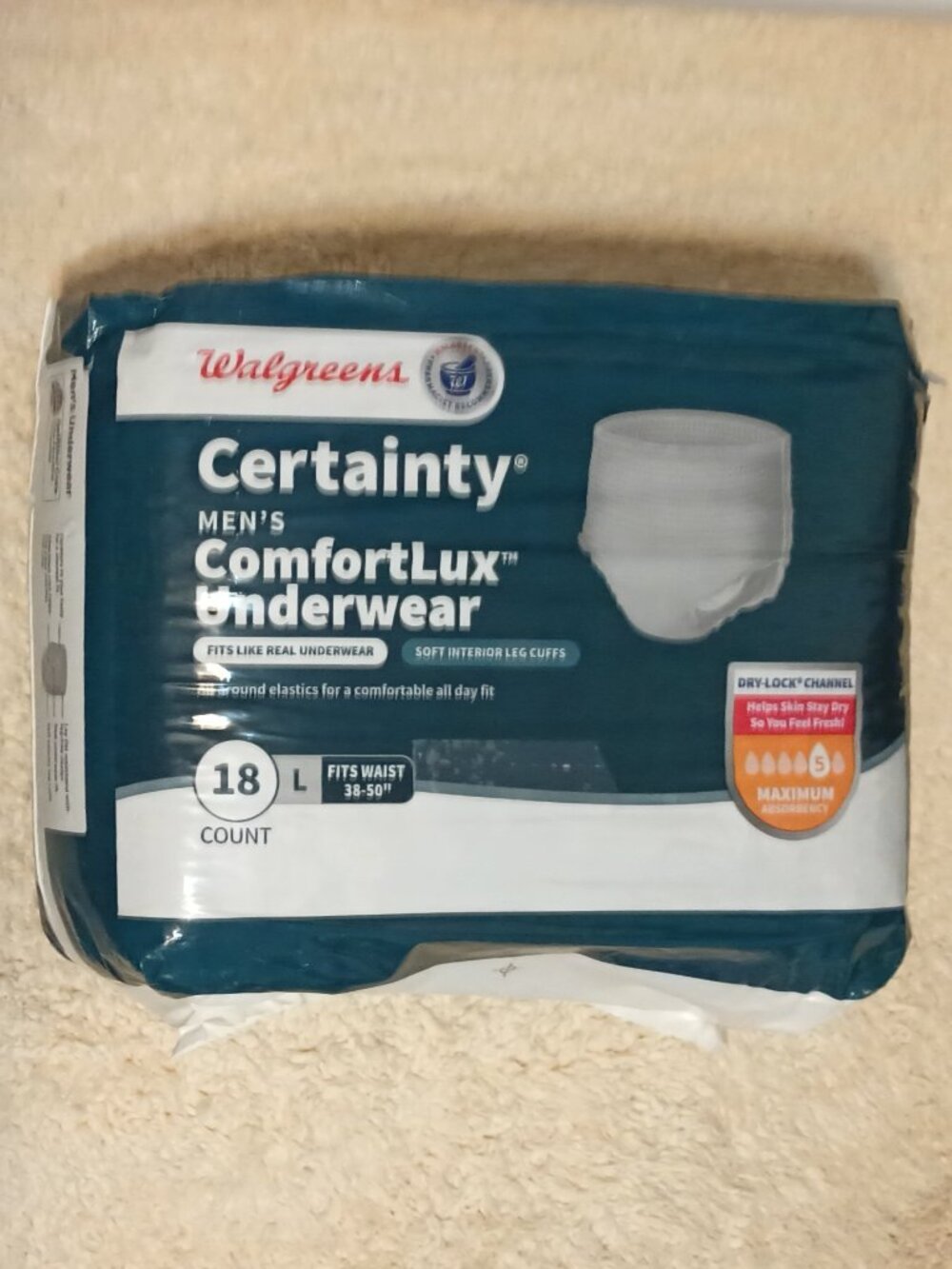 NEW & SEALED ~ Walgreens' Certainty Men's ComfortLux Underwear Lrg, 18 ct. pkg.